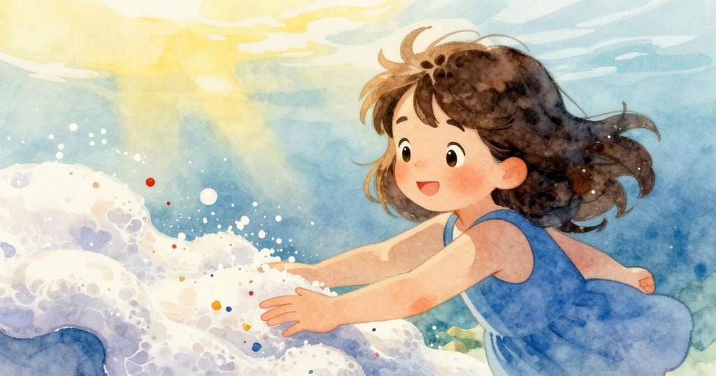 Ruby 靠近海邊,手觸泡沫,透過水面可見閃爍碎屑,呈現光影交錯與神秘美感