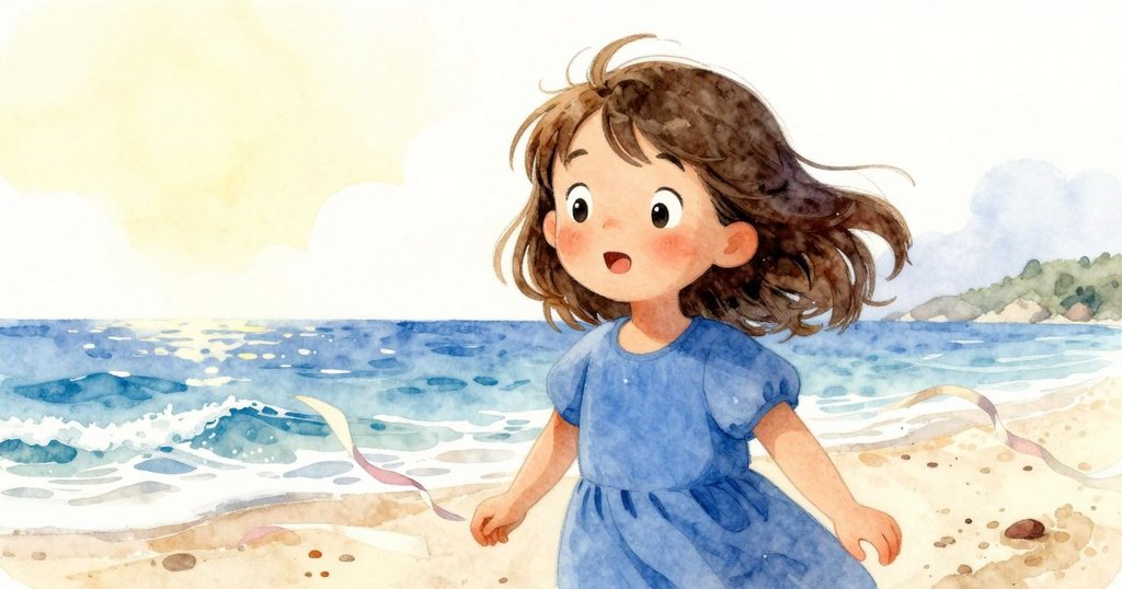 Ruby 表情驚訝,海邊泡沫輕彈發出聲響,紙帶隨風飄舞,氛圍中充滿緊張與好奇之感