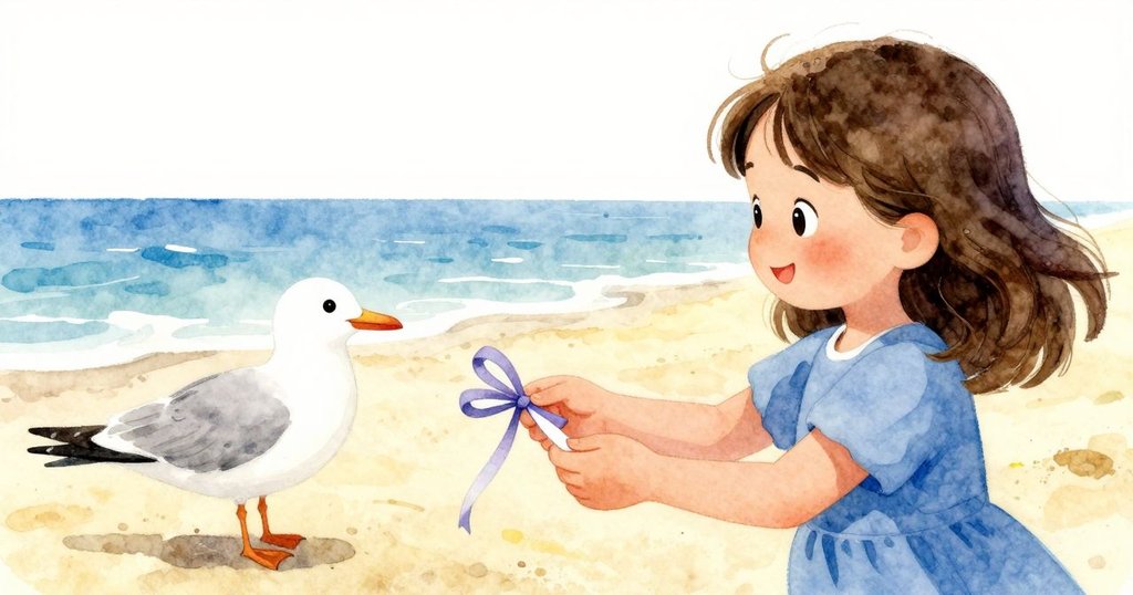 Ruby 與海鷗發生溫馨互動,遞出彩色紙帶,海邊景色襯托出分享與和諧的美好時刻