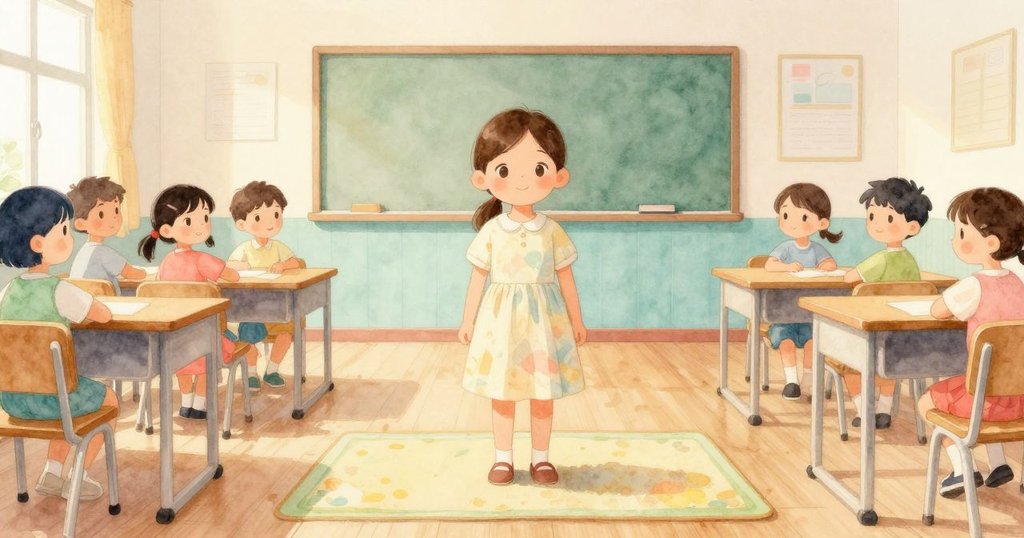 在安靜的教室中,Lena站在毛氈上,晨光柔和灑落,她神情平靜而期待,展開一天探索的序章。