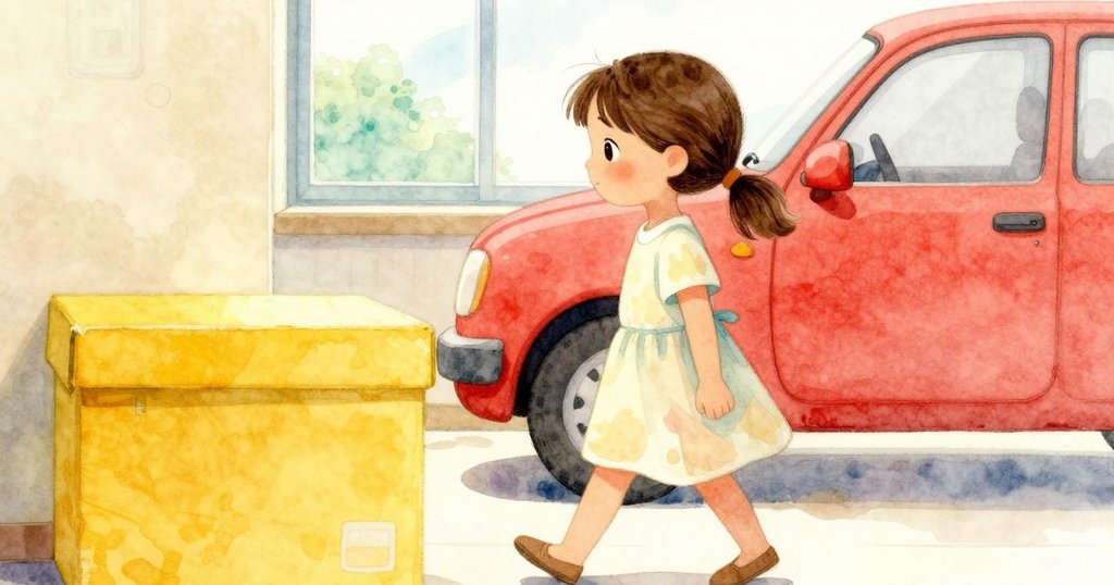 Lena輕步走過明亮黃色積木盒旁和窗邊的小紅車,窗戶反射溫柔光影流露出專注互動的情感。