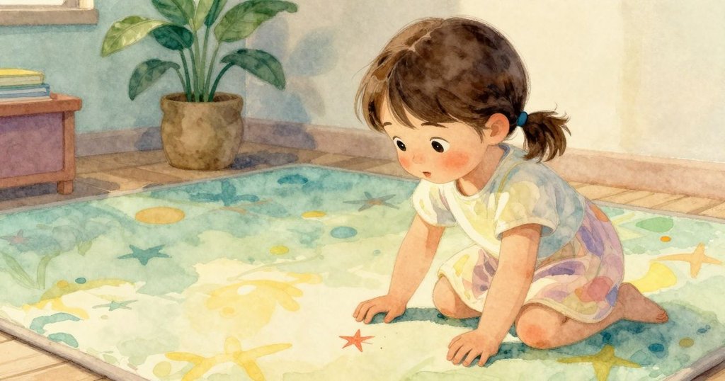 室內柔光中,Lena低頭細看毛氈上由蠟筆劃出的小星,驚奇與溫暖氛圍貫穿整個畫面情節。