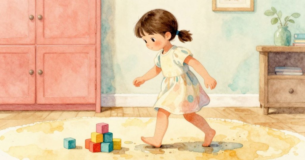 Lena小心踩過濕滑區域,臉上流露專注與堅定,同時見證旁邊孩子溫柔分享積木的瞬間。