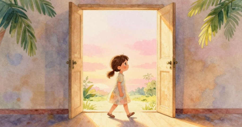 Lena邁步走向敞開的門口,室內與戶外交織溫暖金光,呈現出故事平靜且滿意的結局。