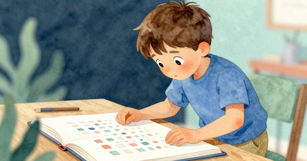 多利安仔細端詳桌上打開的笑話書頁面,頁上細小印花與鵝翼上濕潤黃彩在柔光下格外動人,神情充滿驚奇。