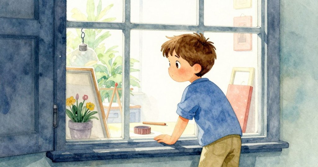 多利安微微側首透過大窗戶凝望外景,室內自然光映照,充滿創作靈感與平靜情緒,目光專注投入畫作。