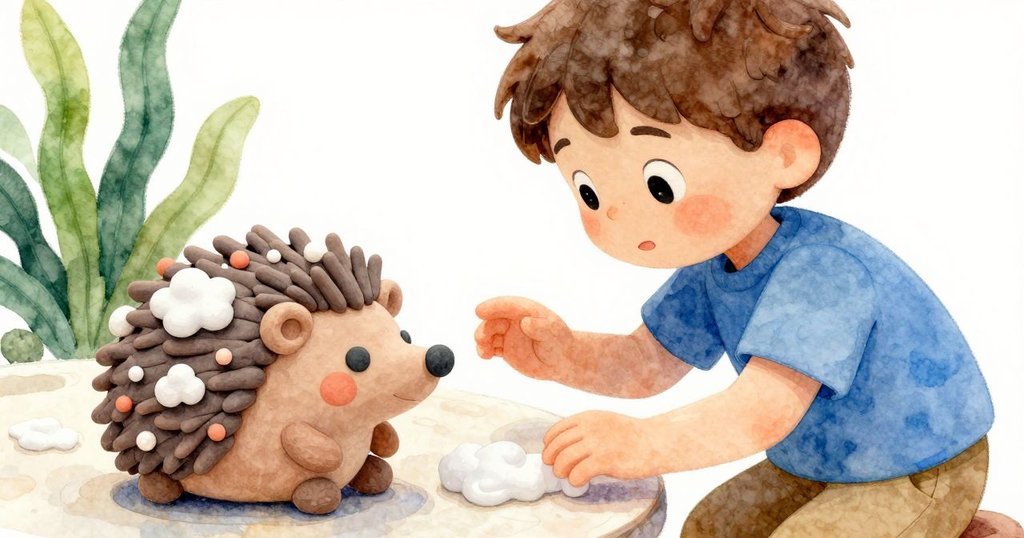 多利安輕撫桌旁的小黏土刺蝟,模糊膠水環繞其背部,在柔和燈光下顯現濕潤質感,畫面溫馨而富細節。