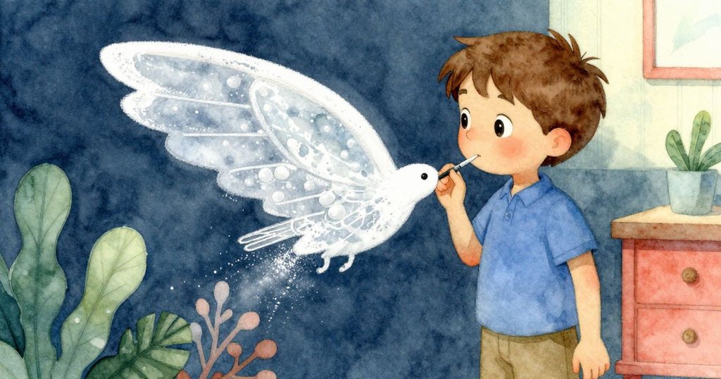 多利安注視著漸漸變化的鵝畫,粉筆塵緩緩滑落,他神情專注、沉思作品細微變化,室內氛圍溫暖。