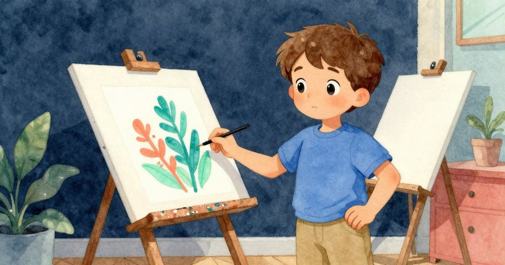 多利安面向前方,站在完工的工作桌前,紙角已完全翹起,他充滿自信與期待迎接全新創作旅程,室內光線明亮溫暖。