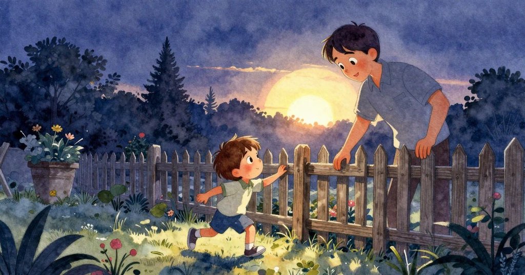 瑞米在清晨花園中手握木頭靠近矮籬笆，充滿好奇與期待，背景晨光灑在露珠閃爍的草地上