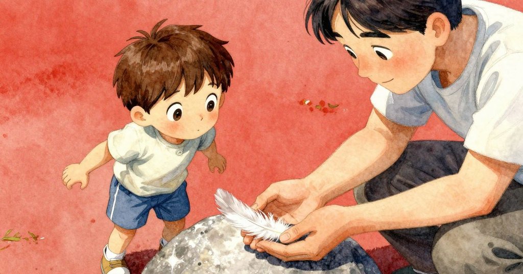 瑞米的手仔細觸摸著石上柔軟的白羽毛，畫面聚焦在羽毛和石面細膩紋理上，充滿驚奇