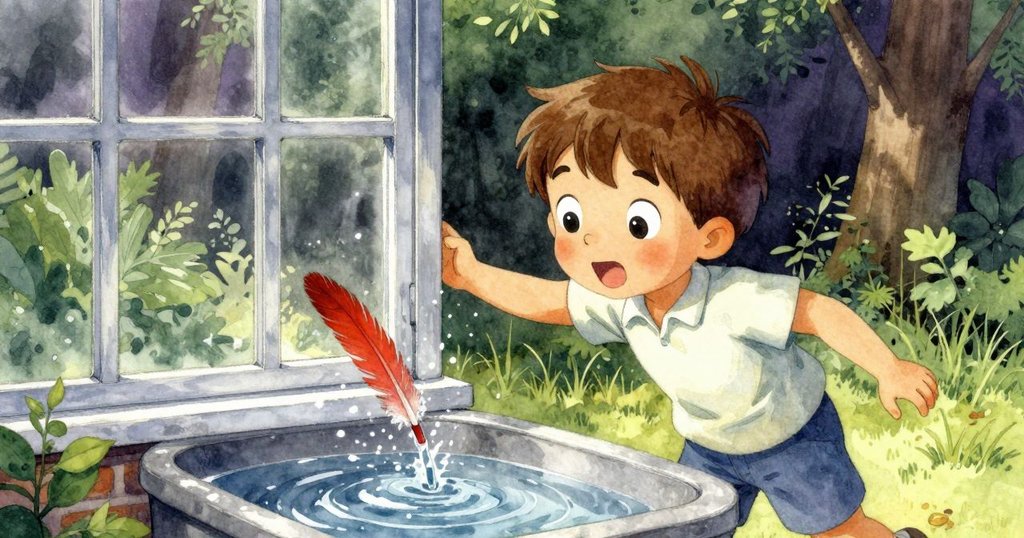 透過花園小屋的窗戶，瑞米注視著紅羽毛在水槽邊滑動，水花閃耀，畫面充滿魔幻光影