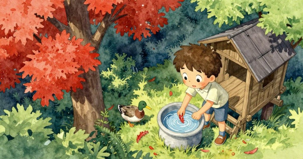 從樹屋高處俯瞰，瑞米在水槽邊收集紅羽毛，一隻鴨子悠然漂過，整個花園充滿生機