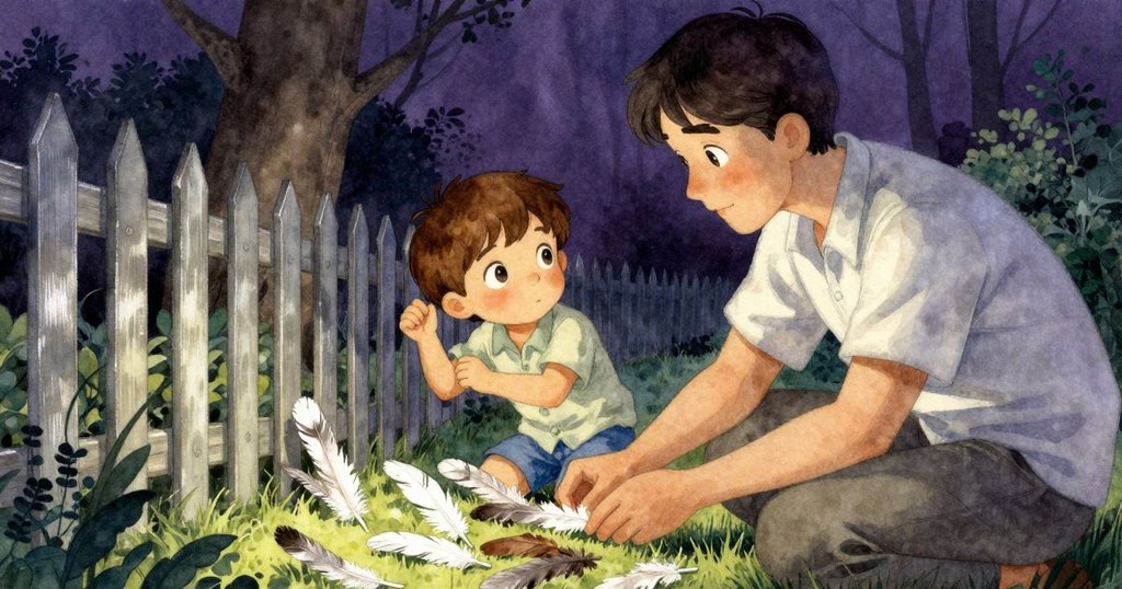 瑞米在籬笆旁仔細排列白與棕色羽毛，神情思索，旁邊成人帶著認可的目光，畫面充滿靜謐秩序