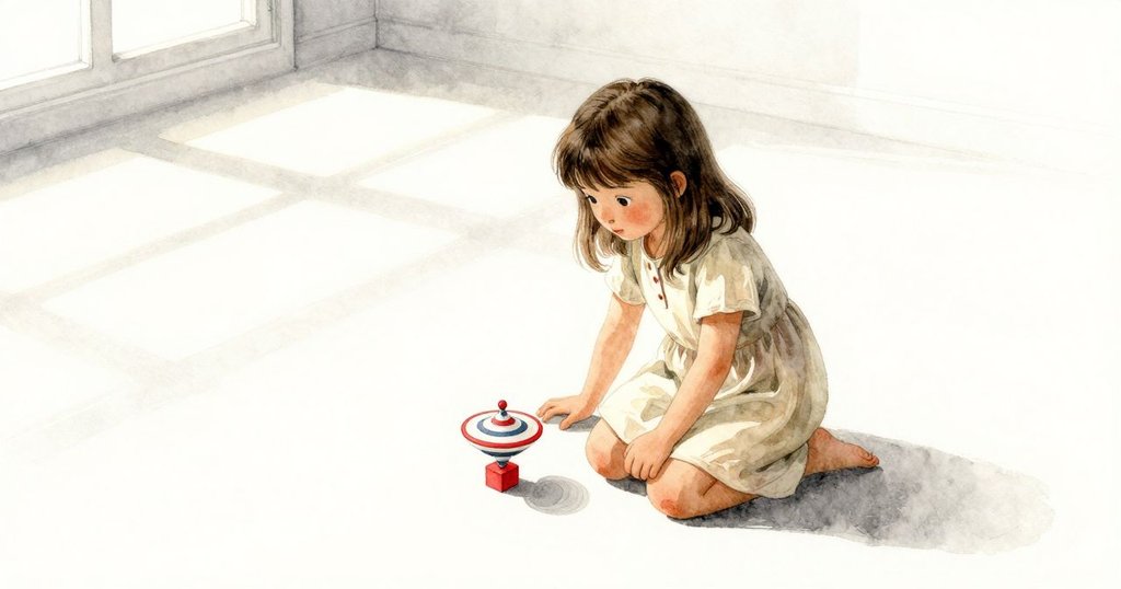 在故事開始時，小女孩蹲在柔軟墊子上看旋轉陀螺與紅積木，晨光透窗灑入，室內充滿溫柔光影與塵埃飄浮