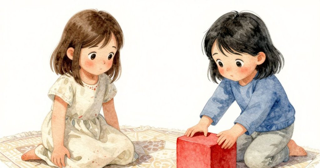 近距離展示紅色積木與柔軟墊子的細節，晨光下顯現出織物紋理與微塵輕舞，場景充滿溫馨細膩感