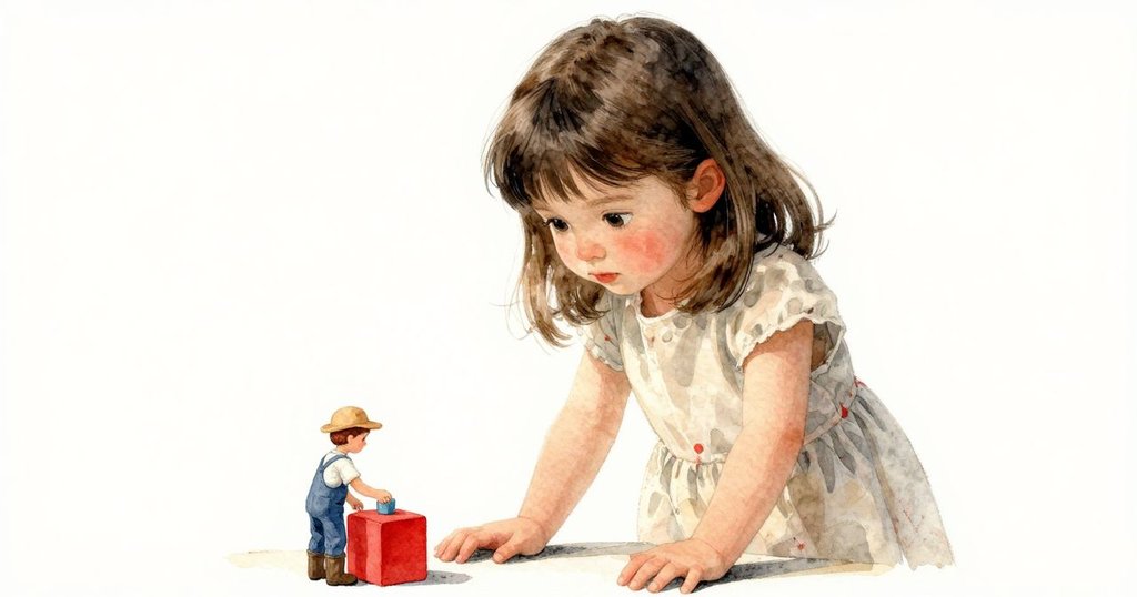 從低角度視角看見小女孩專注的眼神及紅色積木旁傾斜的玩具農夫，室內充滿柔和光線與細膩質感