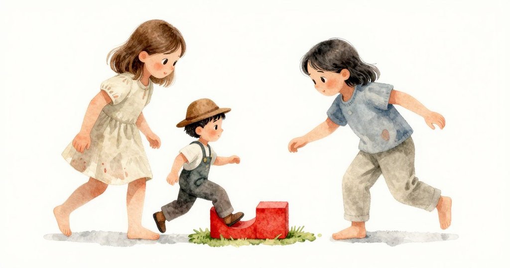 玩具農夫正優雅地從紅積木上滑落到綠苔墊上，微風帶動塵埃，室內光影柔和呈現時間流逝感