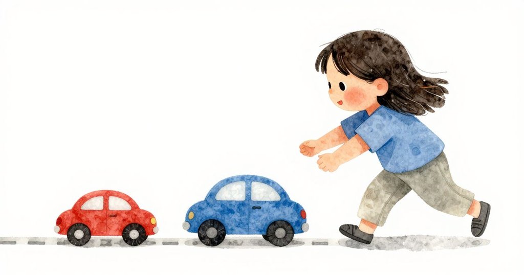 在快樂時刻，小女孩放開藍色小車，小車在柔軟墊上快速滾動，展現出充滿活力與歡慶的氣氛