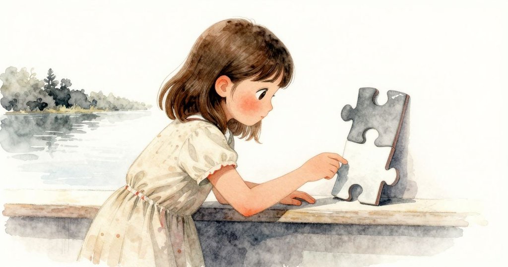 在故事尾聲，小女孩注視著展示寧靜湖泊的拼圖塊並聽見輕微塑料響聲，室內溫暖光線中各玩具重聚