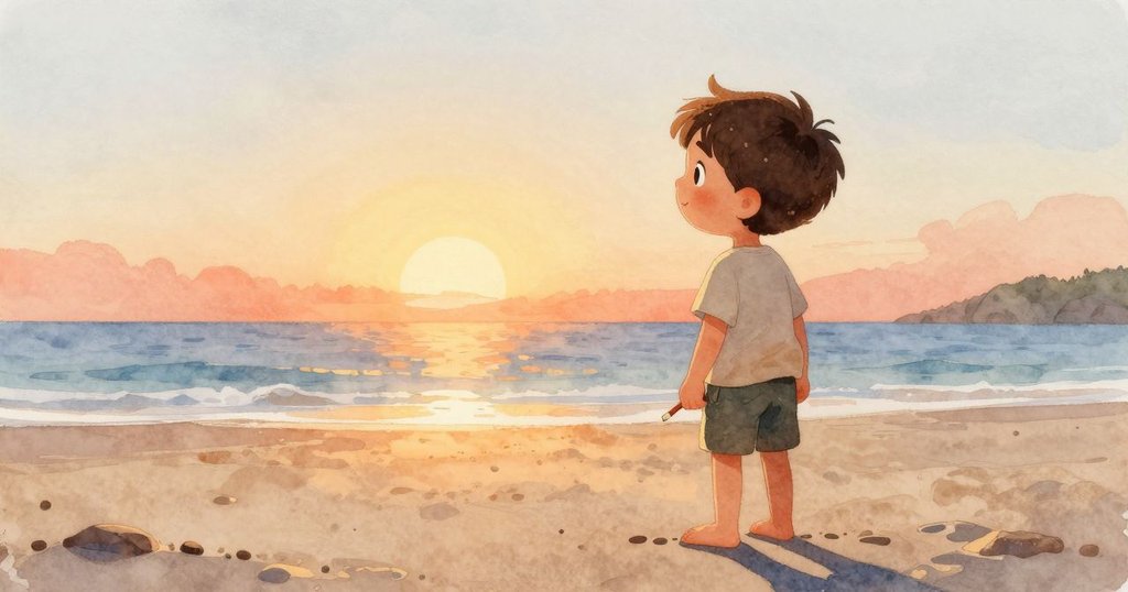 阿莫斯站在溫暖沙灘上,剪影輪廓清晰,手持鉛筆,周圍泡泡輕輕冒出,展現冒險開端的期待