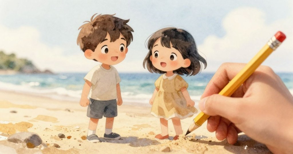 阿莫斯的手緊握著明亮的黃色鉛筆,沙灘背景中流露出探索的好奇心與創意