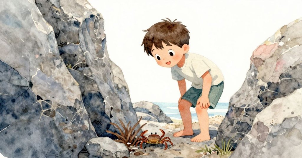 阿莫斯蹲下探查岩縫內靜臥的小螃蟹,低角度展現他探險時的驚奇與專注