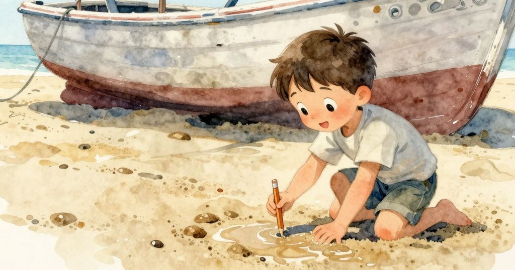 阿莫斯在濕潤沙灘上輕敲沙粒,發現一條細微閃亮的通道,旁邊舊船隱藏著神秘的陰影