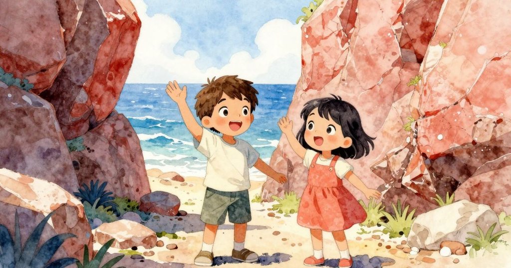 阿莫斯與塔拉共同欣喜,發現小螃蟹藍色斑點,臉上滿是驚喜與快樂的微笑