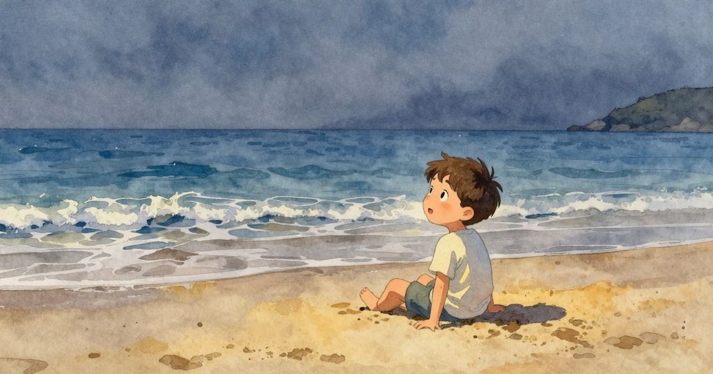 阿莫斯靜坐於濕潤沙灘上眺望無垠大海,閃爍的貝殼象徵未來希望,心中充滿平靜滿足