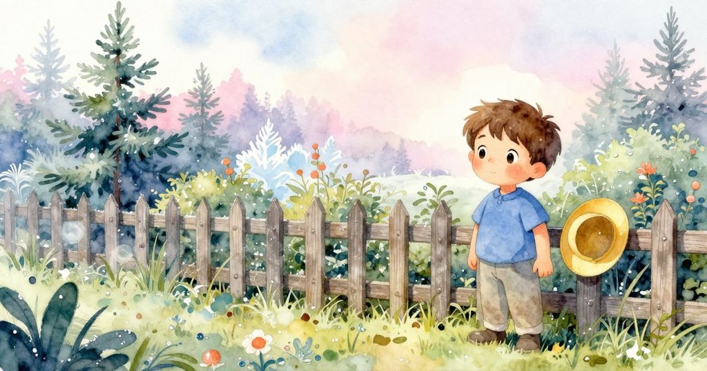 邁爾斯站在房前台階旁, 淡暖晨光照耀下, 黃色帽子靜放在柵欄上, 平靜寧謐, 激發期待的氛圍