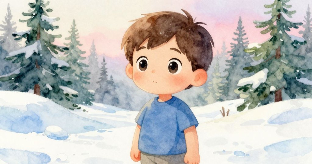 邁爾斯凝視著石板路, 濕潤葉片映出晨光, 充滿好奇與驚喜的表情, 近距離捕捉真摯感受