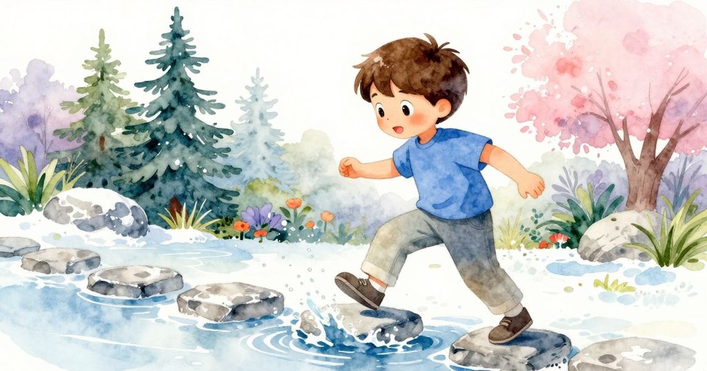 邁爾斯活力躍步踏上石緣, 水花輕濺映出晨光, 充滿冒險與動感, 展現庭園中自信的身姿