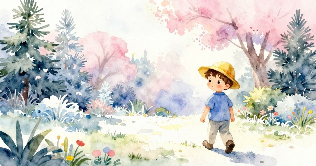 邁爾斯慢步返回柵欄旁, 黃帽在夕陽中閃耀, 庭園景致寧靜溫馨, 傳遞自然柔和的道別情懷