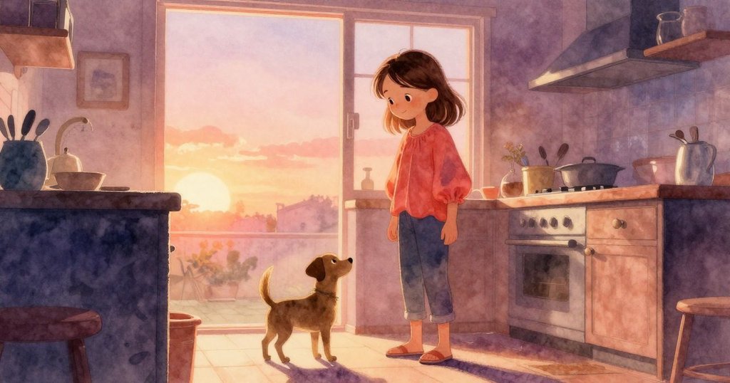 約西站在明亮廚房, 輪廓被柔和陽光勾勒, 廚房櫃台上散落著彩色杯子與玩具, 狗狗靜靜觀看, 氣氛溫暖