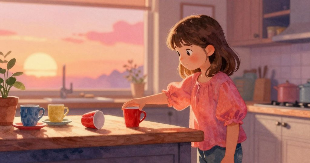 約西伸手拿起櫃台上鮮豔的紅杯, 周圍散落著多色杯子, 室內光線柔和, 神情專注