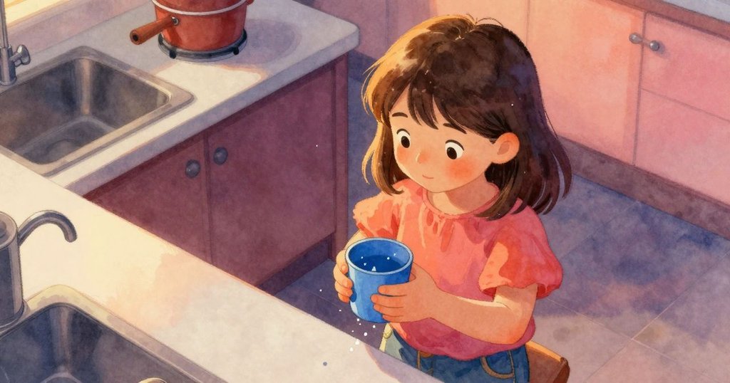 從高處俯視, 約西小心提起沾滿水珠的藍杯, 手勢細膩謹慎, 室內燈光柔和, 呈現溫暖氛圍