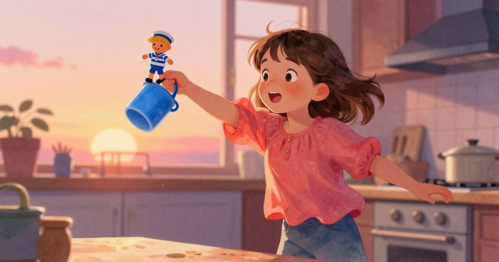 藍杯滑落, 撞擊塑膠水手玩具, 約西露出驚訝神情, 水珠四散, 呈現動感瞬間, 室內溫暖背景