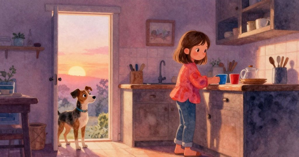 約西用毛巾擦乾藍杯, 將其放於紅杯旁, 臉帶希望望向前方, 寧靜狗狗在門邊觀看, 呈現新開始氣氛