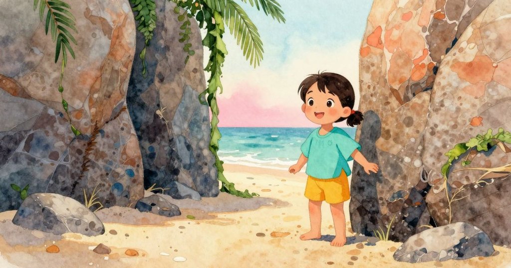 Sara站在海邊，背景有高大岩石和搖曳海藻簾，溫暖沙灘與隱藏潮汐池展開探索之旅