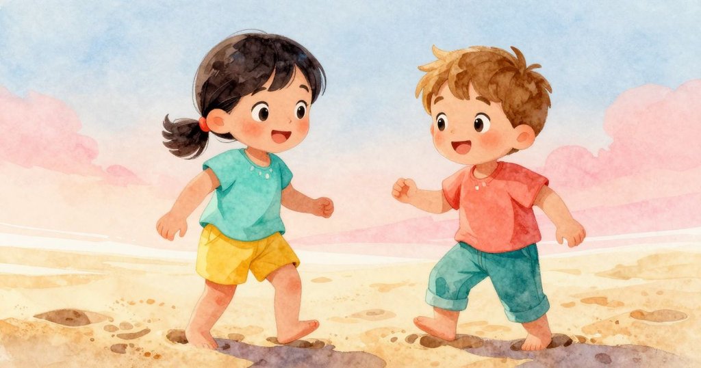 Sara赤足在沙灘上行走，沙面紋理細膩，留下小巧腳印，展現冒險進程中腳步輕盈