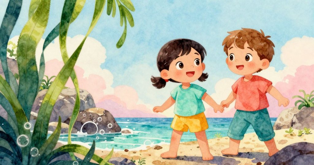 從小生物視角看岩石縫隙，綠色海藻簾遮掩下隱藏潮汐池，氣泡閃爍點綴奇妙探險