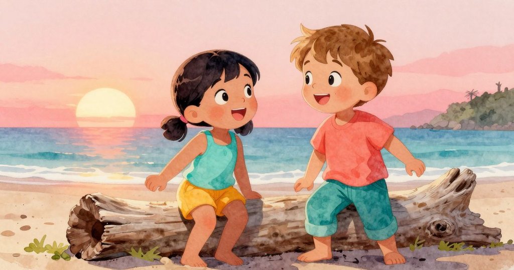 Sara與Pierce在海邊空心木頭旁，彼此交換驚喜目光，慶祝自然奇蹟，夕陽溫暖映照下充滿歡樂