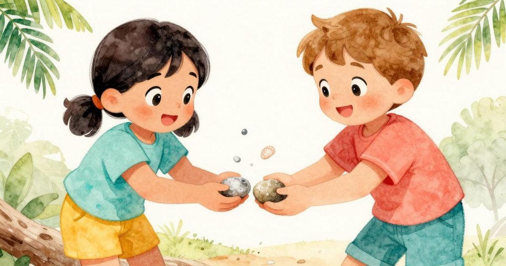 Sara俯身透過空心木頭窺見霜環石子，Pierce指向細小貝殼，兩人臉上流露出共享奇景的驚奇與喜悅