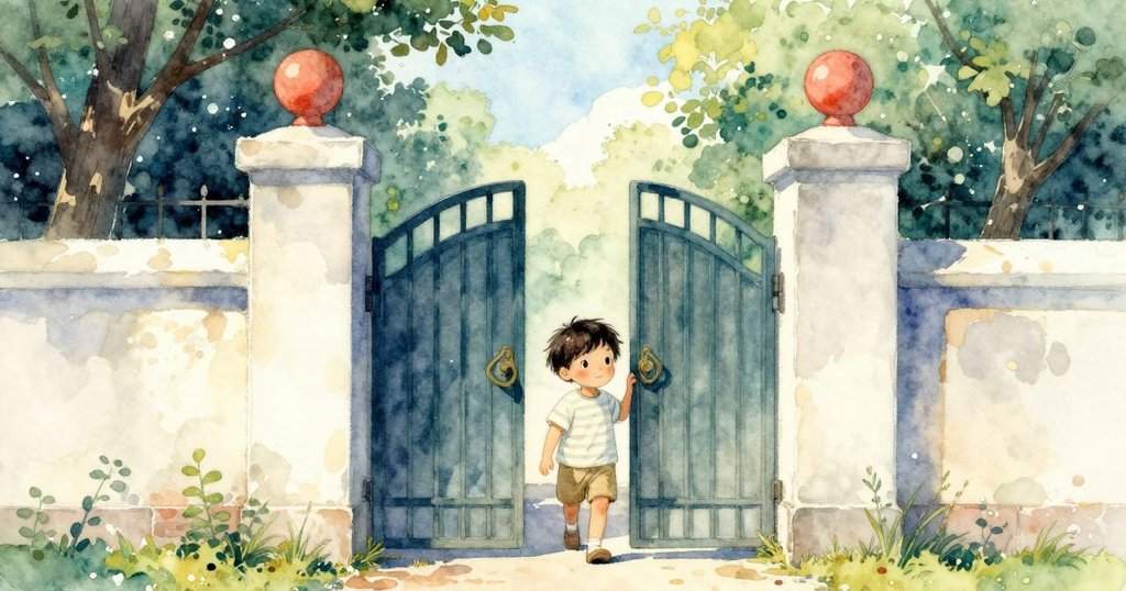 Jude 走進公園拱門，充滿期待，看到木椅與草地上的橡果，陽光灑落，環境生動自然。