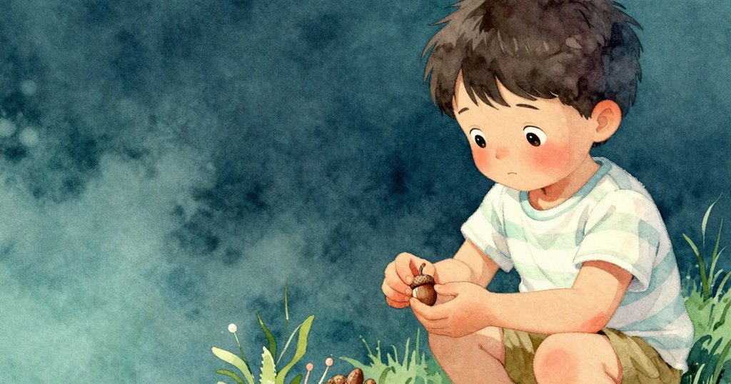 Jude 膝蓋著木椅旁，專注撿起橡果，眼神流露好奇與擔憂，背景綠意盎然。