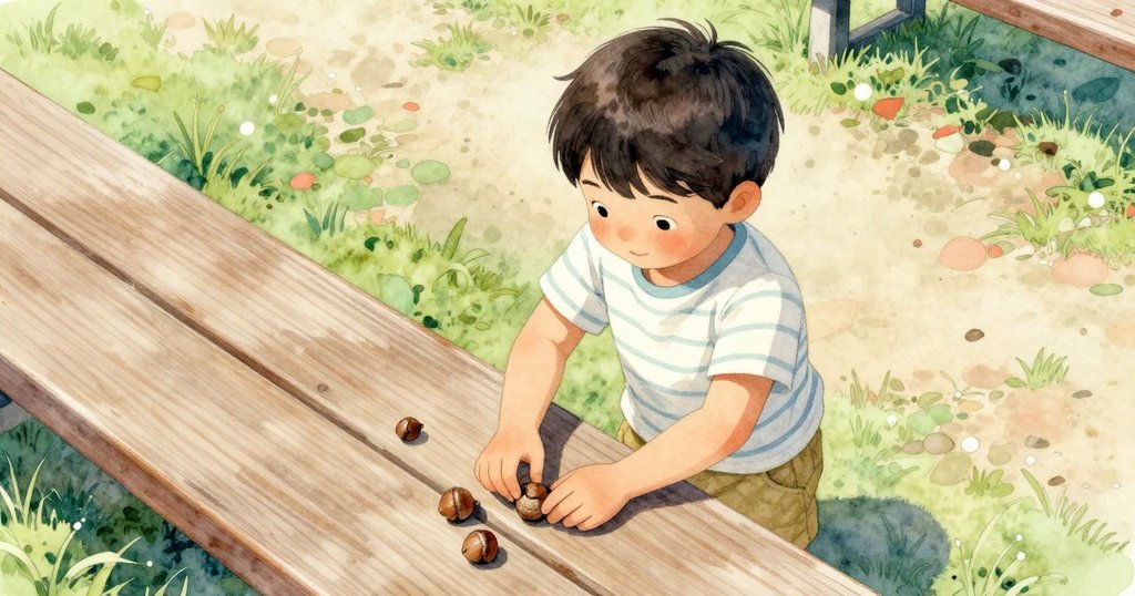 高角度視角下，Jude 在木板上排列橡果，公園全景展現綠蔭、凳子及石徑，動作細膩。