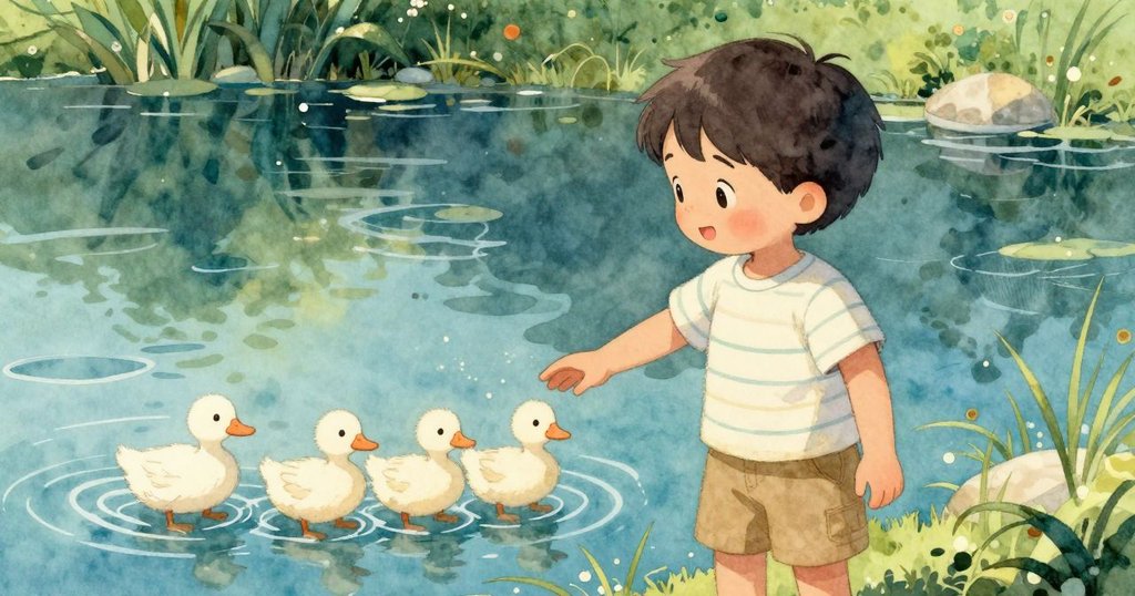 Jude 感受微風吹拂，手輕動，旁邊鴨子一家悠然漂浮在池塘上，陽光照耀出季節溫暖氛圍。