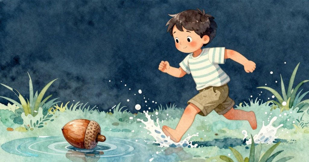 突如其來的陣風讓橡果滾入水坑，Jude 迅速追逐，手握小樹枝，臉上驚訝與急切流露。