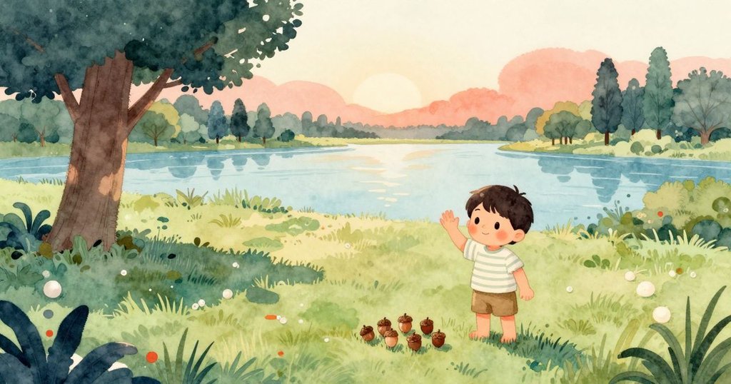 Jude 完成橡果禮物排列後，向朋友揮手告別，一隻松鼠穿過欄杆，他緩步走向夕陽下閃亮的河流。